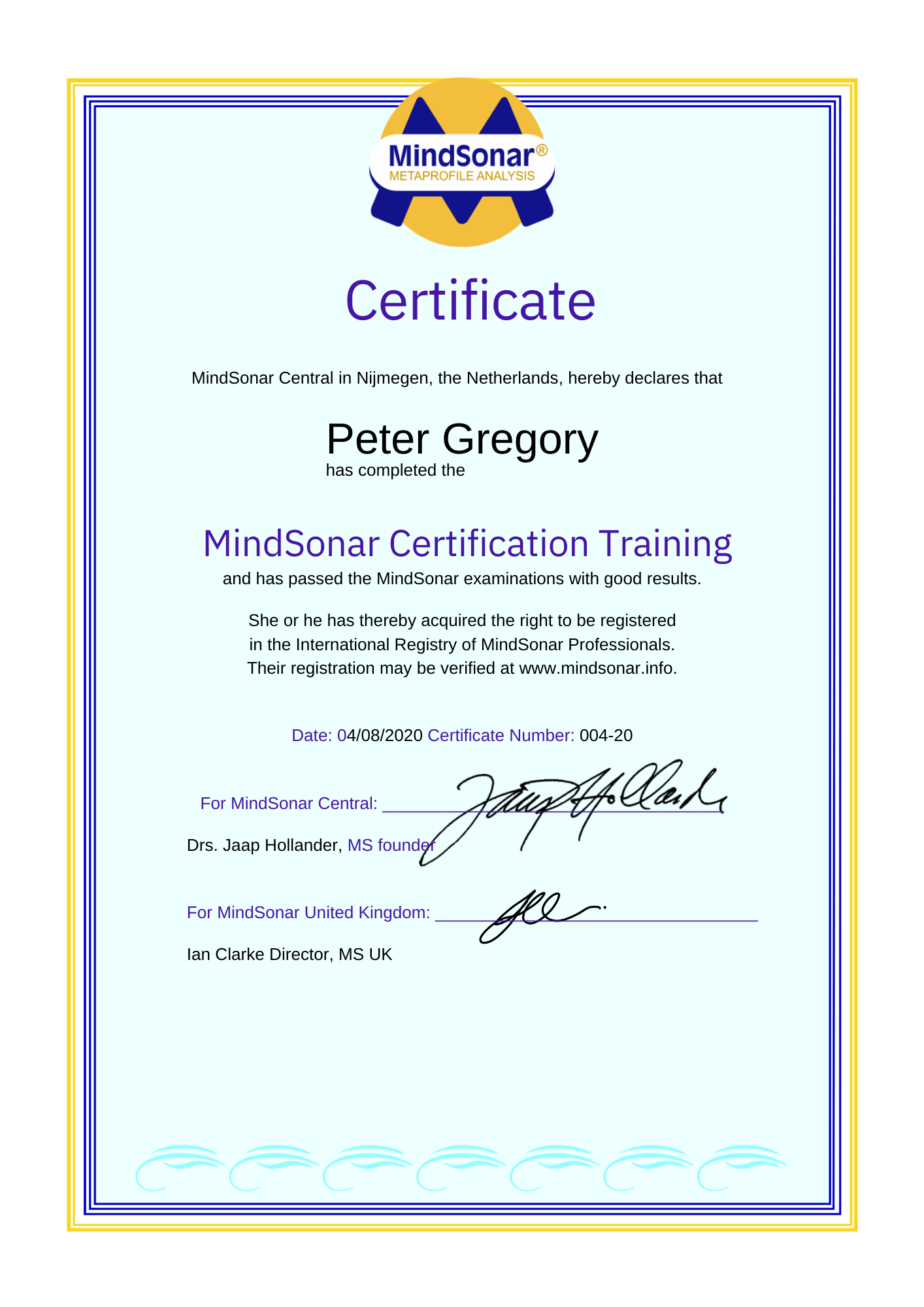 i am Peterg MindSonar Certificate